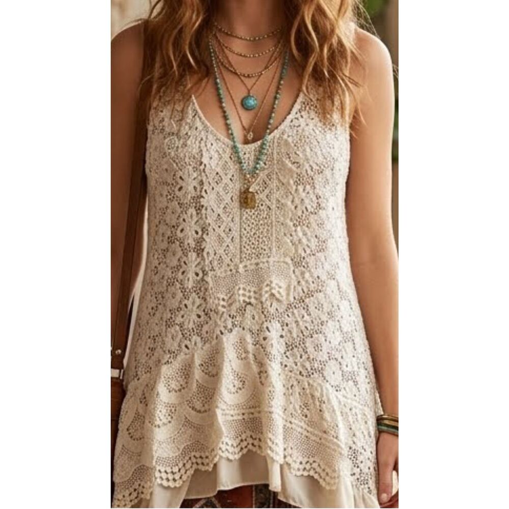 Johnny Was Ivory Boho Crocheted Open Lace Asymmetrical Ruffled Hem Top Size M